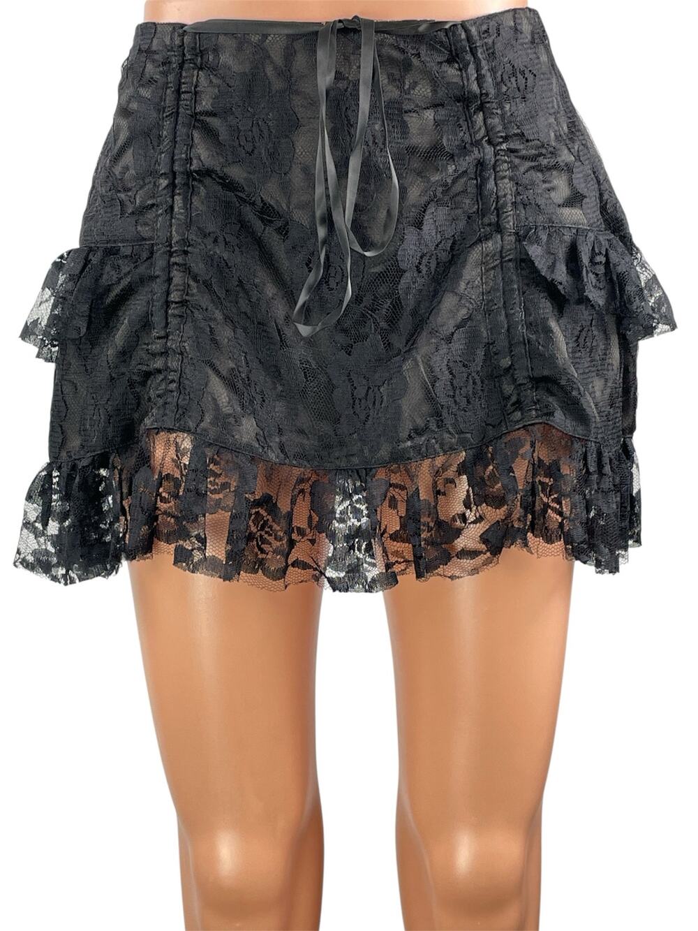 Daisy Corsets Black Lace Floral Tiered Ruched Bustle A Line Mini Skirt Size S
